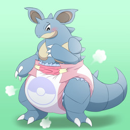 2_toes 3_fingers ambiguous_gender anthro back_spikes blue_body blue_ears blue_horn blue_spikes blue_tail blush blush_lines breasts brown_inner_ear claws clean_diaper clothed clothing cloud_emanata diaper diaper_only diaper_puff emanata featureless_breasts feet finger_claws fingers green_background head_horn horn looking_down multicolored_body simple_background solo spiked_tail spikes spikes_(anatomy) standing tail tan_body three-quarter_view toe_claws toes topless two_tone_body wearing_diaper fang29 nintendo pokemon generation_1_pokemon nidoqueen pokemon_(species) absurd_res full-length_portrait hi_res portrait