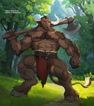 abs anthro axe barazoku beard biceps bottomwear bovid bovine broken_horn clothing deltoids european_mythology facial_hair facial_piercing fist fur grass greek_mythology hi_res holding_object holding_weapon hooves horn loincloth male mammal minotaur muscular muscular_anthro muscular_male mythology nipples nose_piercing nose_ring outside pecs piercing plant ring_piercing rnarccus smile solo standing tail tree triceps weapon