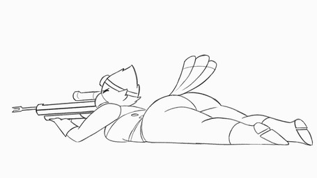 anthro beak big_butt boots butt clothing eyes_closed feathers female footwear gloves gun handwear lying on_front one_eye_closed ranged_weapon rifle shaking_butt shoes simple_background smoke sniper_rifle solo tail thick_thighs weapon wide_hips potoobrigham avian bird 16:9 2025 2d_animation animated frame_by_frame monochrome widescreen