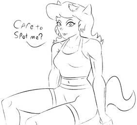 anthro arm_support asking_viewer biped black_text bottomwear breasts clothed clothed_anthro clothed_female clothing collarbone curved_eyebrows dialogue extended_arm eyebrows eyelashes female fully_clothed hair hotpants long_hair looking_at_viewer medium_breasts messy_hair midriff navel open_mouth pointy_ears prick_ears question shirt shorts sitting small_nose solo tail talking_to_viewer tank_top text thin_eyebrows three-quarter_view tongue topwear gold-white-kott hanna-barbera swat_kats felina_feral domestic_cat felid feline felis mammal 2023 black_and_white digital_drawing_(artwork) digital_media_(artwork) english_text hi_res monochrome