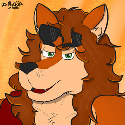 anthro brown_hair curly_hair eyewear fur green_eyes hair long_hair looking_at_viewer male open_mouth orange_background orange_body orange_fur shirtless shirtless_male simple_background solo spots sunglasses tan_body tan_fur towel towel_on_shoulder conditional_dnp rio_mccloud matt_(mbrla0) canid canine canis domestic_dog mammal 1:1 hi_res