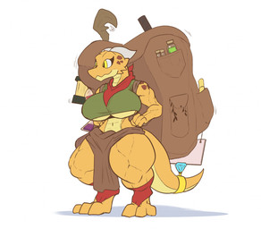 anthro backpack big_breasts breasts clothed clothing digitigrade female huge_breasts huge_thighs jewelry muscular muscular_anthro muscular_female muscular_thighs scales shortstack small_waist solo thick_thighs under_boob yellow_body yellow_eyes yellow_scales dreamerknight rin_(dreamerknight) kobold scalie 2023 2024 digital_media_(artwork) hi_res