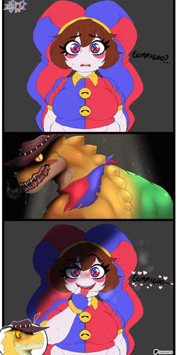 anthro big_breasts black_eyes blue_clothing blue_eyes blue_hat blue_headwear blue_topwear blush blush_lines bodily_fluids border breasts brown_clothing brown_hair brown_hat brown_headwear candy clothing dessert dialogue duo erect_nipples exclamation_point female food fool's_hat front_view green_body grey_background hair hat headgear headwear heart_symbol jester_outfit male multicolored_eyes nipple_outline nipples open_mouth open_smile pale_skin pupils red_clothing red_eyes red_hat red_headwear red_topwear rosy_cheeks saliva sharp_teeth short_hair simple_background slit_pupils smile sweat tan_body teeth text tongue tongue_out topwear two_tone_eyes white_border wide_hips yellow_body yellow_eyes tibbs glitch_productions the_amazing_digital_circus evil_gummigoo_(tadc) gummigoo_(tadc) pomni_(tadc) alligator alligatorid crocodilian food_creature humanoid living_candy reptile scalie absurd_res comic hi_res