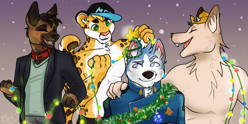 anthro baseball_cap blue_body blue_eyes blue_fur bottomwear brown_body brown_fur clothed clothing collar crown eyes_closed fur gradient_background green_eyes group happy hat headgear headwear holding_object holidays jacket lights male pants shirt simple_background smile snow snowing standing tan_body tan_fur topless topwear uniform yellow_body yellow_fur tinybunner christmas ceres canid canine canis dingo domestic_dog felid german_shepherd herding_dog husky leopard mammal nordic_sled_dog pantherine pastoral_dog spitz absurd_res hi_res