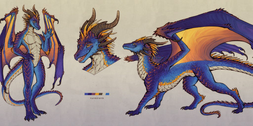anthro black_claws blue_body blue_scales brown_horn claws feral horn long_tail male membrane_(anatomy) membranous_wings orange_body orange_scales orange_wings purple_body purple_scales purple_wings quadruped scales scaly_tail solo spikes spots tail ventral_scales white_body white_scales wings yellow_body yellow_eyes yellow_scales yellow_spikes yellow_wings tashiroth mythology dragon mythological_creature mythological_scalie scalie full-length_portrait hi_res model_sheet portrait
