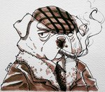 ambiguous_gender anthro biped clothing hat headgear headwear necktie shirt simple_background smoking solo sweater topwear you_miichi nairi_(series) smoke_(nairi) canid canine canis domestic_dog mammal 2017