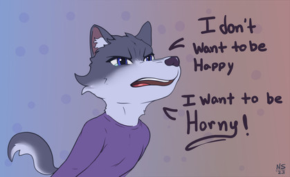 anthro chibi clothed clothing dialogue fur grey_body humor inner_ear_fluff male simple_background solo tail text tongue tuft white_body white_fur nospots canid canine canis mammal wolf 2023 digital_media_(artwork) english_text