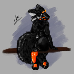 anthro balls big_balls big_butt big_penis black_body black_fur black_tail bodily_fluids butt fur genital_fluids genitals huge_balls huge_butt huge_penis looking_at_viewer machine male open_mouth orange_paws orange_penis orange_visor paws penis sitting smile solo tail visor atlant_62_1 engi_(atlant_62_1) protogen 1:1 2025 absurd_res digital_media_(artwork) hi_res