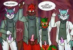 anthro blue_body blue_fur blush bottomless clothed clothing erection eyewear fur glasses group male raised_arms red_body red_fur sweater topwear turtleneck white_body white_fur young young_anthro syaokitty dreamworks kipo_and_the_age_of_wonderbeasts netflix bad_billions_(kipo) blaze_wolf good_billions_(kipo) magma_wolf canid canine canis mammal wolf absurd_res hi_res father_(lore) father_and_child_(lore) father_and_son_(lore) parent_(lore) parent_and_child_(lore) parent_and_son_(lore) son_(lore)