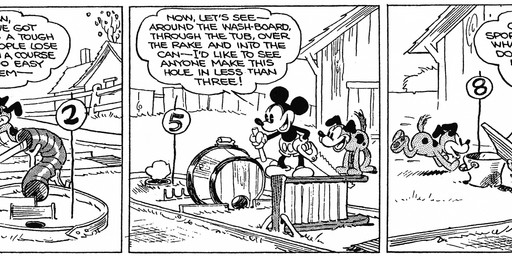 ambiguous_gender anthro bottomwear clothed clothing dialogue duo feral footwear fur gloves hammer handwear male open_mouth outside pants pawpads plant quadruped shoes speech_bubble tail text tools floyd_gottfredson hardie_gramatky disney public_domain mickey_mouse canid canine canis domestic_dog mammal mouse murid murine rodent 1930 20th_century absurd_res ancient_art comic dated english_text hi_res long_image monochrome signature wide_image