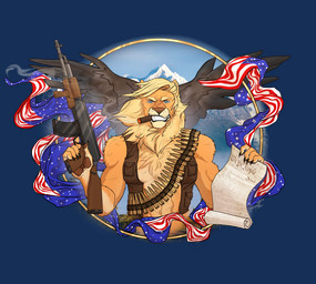 american_flag anthro banner blonde_hair bullet bullet_belt cigar cigar_in_mouth clothing constitution flowing_hair freedom gun hair holding_gun holding_object holding_ranged_weapon holding_weapon majestic male muscular muscular_male object_in_mouth ranged_weapon smile smirk smoking solo spread_wings topwear united_states_of_america vest weapon wings krampusmadart accipitrid accipitriform avian bird eagle felid lion mammal pantherine hi_res