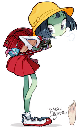 backpack black_hair clothing feet female footwear green_body green_skin hair hat headgear headwear leaning leaning_forward randoseru school_uniform shoes short_hair simple_background soles solo text toes uniform white_background amiami asian_mythology east_asian_mythology japanese_mythology mythology kappa yokai japanese_text