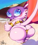 ambiguous_gender anthro axolotl_tail beach big_butt big_eyes bikini blue_eyes bottom_heavy butt clothing gesture gold_bikini hand_gesture hat headgear headwear huge_butt looking_at_viewer looking_back pink_body short_stack solo sun_hat swimwear tail teapot_(body_type) thumbs_up two-piece_swimsuit jotarofur golden_week bip_(jotarofur) amphibian axolotl marine mole_salamander salamander 5:6 absurd_res hi_res