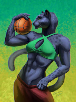 abs abstract_background anthro athletic athletic_anthro athletic_female black_body black_fur bottomwear breasts claws clothed clothed_anthro clothed_female clothing feline_tail female finger_claws fingers front_view fur head_turned holding_basketball humanoid_hands looking_at_viewer markings medium_breasts navel orange_eyes pose red_bottomwear red_clothing sling_bra smile solo spots spotted_markings standing text whiskers concretecat goat_(movie) sony_corporation sony_pictures jett_fillmore felid mammal pantherine 3:4 artist_name colored half-length_portrait hi_res portrait shaded