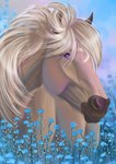 blue_flower facial_markings female feral flower forget-me-not_(flower) head_markings markings plant purple_eyes solo alexandradane mary_(bloopertrooper) equid equine horse icelandic_horse mammal hi_res