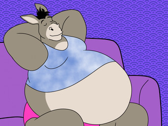 anthro arms_bent belly big_belly black_eyebrows black_mane blue_clothing blue_shirt blue_tank_top blue_topwear clothed clothed_anthro clothed_male clothing eyebrows eyes_closed fully_clothed fully_clothed_anthro fully_clothed_male fur furniture grey_body grey_fur hands_behind_head long_ears male mane midriff moobs morbidly_obese morbidly_obese_anthro morbidly_obese_male multicolored_body multicolored_fur obese obese_anthro obese_male on_sofa overweight overweight_anthro overweight_male pattern_wall pink_clothing pink_underwear purple_sofa purple_wall shirt short_mane sitting sitting_on_sofa sofa solo tank_top topwear two_tone_body two_tone_fur underwear wall_(structure) wolfox90210 dreamworks shrek_(series) donkey_(shrek) asinus donkey equid equine mammal 2023 digital_drawing_(artwork) digital_media_(artwork) flat_colors hi_res