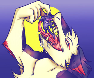 ambiguous/ambiguous ambiguous_gender anthro blue_eyes bodily_fluids drooling duo fur imminent_vore multicolored_body multicolored_fur open_mouth purple_body purple_fur saliva scared sharp_teeth size_difference teeth tongue vore white_body white_fur bileshroom felid feline mammal sergal 2019