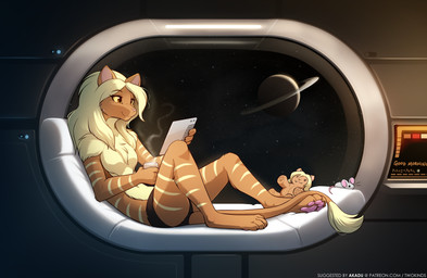 anthro arm_tuft barefoot beverage bottomwear breasts chest_tuft clothed clothing coffee container cup detailed_background digitigrade electronics eyelashes featureless_breasts feet female feral fur hair holding_container holding_cup holding_object hotpants inside long_hair looking_away markings mug navel pawpads planet plushie shorts shoulder_tuft sitting smile solo_focus space star steam striped_body striped_fur striped_markings stripes tablet tail tail_tuft text topless topless_female tuft whiskers window conditional_dnp tom_fischbach cross_time_cafe freighter_tails mzzkiti alien felid feline felis mammal mouse murid murine rodent 2023 adobe_photoshop_(artwork) colored digital_media_(artwork) hi_res url