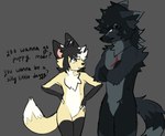 anthro black_body black_fur crossed_arms duo fur grey_body grey_fur hands_on_hips male smile talking_to_another text white_body white_fur yellow_body yellow_fur bloowolfy canid canine canis fox mammal wolf english_text