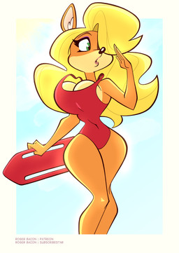 4_fingers anthro big_breasts black_nose blonde_hair breasts brown_eyebrows cleavage clothed clothed_anthro clothed_female clothing curvy_figure eyebrows eyelashes female female_anthro fingers fur glistening glistening_eyes green_eyes hair hair_over_eye inner_ear_fluff lifeguard lifeguard_float lips long_hair looking_aside multicolored_body multicolored_fur navel_outline one-piece_swimsuit orange_body orange_ears orange_fur pink_inner_ear pink_lips pupils red_clothing red_one-piece_swimsuit red_swimwear small_waist solo swimwear text thick_eyelashes tuft two_tone_body two_tone_fur voluptuous white_inner_ear_fluff wide_hips yellow_body yellow_fur roger_bacon activision crash_bandicoot_(series) tawna_bandicoot bandicoot mammal marsupial 2026 absurd_res artist_name hi_res