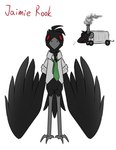 alternate_species ambiguous_gender anthro beak black_body black_feathers bottomless chest_tuft closed_smile clothed clothing empty_eyes feathered_wings feathers featureless_crotch feet green_necktie grey_body mouth_closed necktie pink_nose red_eyes scuted_legs scutes shirt simple_background smile snout solo standing steam tail tail_feathers text toes topwear train tuft vehicle white_background white_clothing white_shirt white_topwear winged_arms wings striding_feather zampanio jaimie_rook avian bird corvid mammal oscine passerine quotidian_(zampanio) rodent 2022 character_name digital_media_(artwork) flat_colors full-length_portrait multiple_images portrait