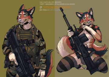 anthro barrel bulletproof clothing gun legwear male ranged_weapon rifle rifle_sling solo stockings topwear underwear vest weapon jeanwoof canid canine mammal