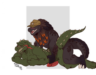 anal anal_penetration anthro biped black_body black_scales black_tail blush claws duo erection eyes_closed from_behind_position genitals glans green_body green_scales green_tail looking_pleasured male male/male mostly_nude mostly_nude/nude nude penetration penile penile_penetration penis penis_in_ass pink_glans pink_penis scales sex simple_background tail text toe_claws conditional_dnp ebonychimera capcom monster_hunter bazelgeuse brute_wyvern deviljho flying_wyvern 2025 colored english_text hi_res signature