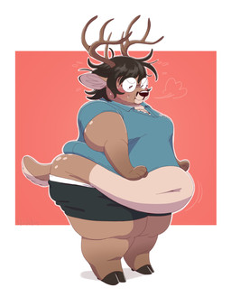 2_toes anthro belly big_belly blush blush_lines bodily_fluids bottomwear breath brown_body brown_fur brown_hair chubby_cheeks clothing collared_shirt eyewear facial_hair feet fur glasses hair horn ill-fitting_clothing low-riding male messy_hair moobs multicolored_body multicolored_fur navel overweight overweight_anthro overweight_male pouting scruffy shirt shorts simple_background solo struggling sweat tail thick_thighs toes topwear underwear wide_hips yellowhellion timo_(yellowhellion) deer mammal new_world_deer reindeer 2025 digital_drawing_(artwork) digital_media_(artwork) hi_res signature
