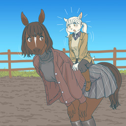 anthro bent_over boots bottomwear brown_body brown_fur clothed clothed_anthro clothed_female clothing duo eyelashes female footwear fully_clothed fully_clothed_anthro fully_clothed_female fur hair kemono outside riding_on_back shirt shoes size_difference skirt tail topwear white_body white_fur white_hair ekaki510 bovid caprine equid equine goat horse mammal reptile scalie turtle 1:1