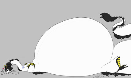 ambiguous_gender belly big_belly black_hair black_tail feral hair heart_symbol huge_belly hyper hyper_belly lying on_back solo stripes tail white_belly white_body white_legs white_tail yellow_stripes andrew_kulagin mythology dragon mythological_creature mythological_scalie scalie 2026 hi_res
