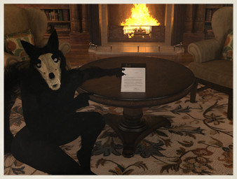 anthro black_body black_fur bone bookshelf carpet empty_eyes female fireplace fur furniture gesture hand_gesture happy inside letter living_room nude nude_female pillow pointing sitting sitting_on_ground skull skull_head sofa solo table teeth white_eyes loneclaw scp_foundation scp-1471-a canid mammal