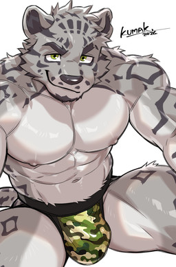 abs anthro biceps bulge camo camo_print clothing jockstrap male moryu muscular muscular_anthro muscular_male nipples pecs smile smirk solo underwear yellow_eyes kumak71395 xxl_woofia felid mammal pantherine snow_leopard absurd_res hi_res