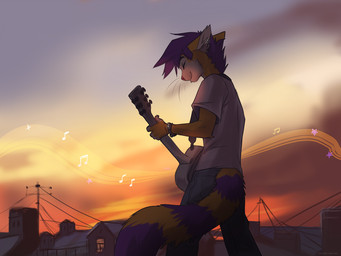 5_fingers acoustic_guitar anthro clothed clothing day fingers guitar hair holding_object male musical_instrument musical_note musical_symbol outside plucked_string_instrument purple_hair smile solo standing string_instrument symbol koul domestic_cat felid feline felis mammal 2019 4:3 digital_media_(artwork)