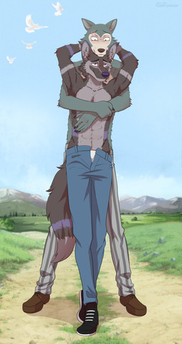 abs anthro armpit_tuft blush blush_lines bottomwear cheek_tuft claws clothed clothing duo ear_piercing ear_ring eye_scar facial_scar facial_tuft finger_claws fluffy fluffy_tail fur grey_body grey_fur half-closed_eyes hands_up head_on_head hug hugging_another hugging_from_behind loving_gaze male multicolored_body multicolored_fur narrowed_eyes nature_background open_bottomwear open_clothing open_pants pants piercing pointy_ears purple_body purple_eyes purple_fur purple_nose ring_piercing scar shirtless smile tail tuft underwear_showing tommysamash beastars dl_wolf_(dl2288) legoshi_(beastars) canid canine canis mammal wolf hi_res