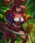 anthro belt breasts cleavage clothed clothing compass exposure_variation female forest forest_background green_eyes highlights_(coloring) melee_weapon nature nature_background pirate pirate_hat pirate_outfit plant post red_highlights rope solo sword tree weapon avocado_seed kaptainarr_(character) canid canine canis mammal wolf hi_res portrait three-quarter_portrait