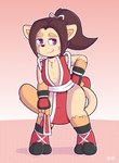 anthro butt clothed clothing cosplay costume fur looking_at_viewer male simple_background smile solo young wolfyzeeb fatal_fury cooper_cat mai_shiranui domestic_cat felid feline felis mammal hi_res