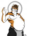 anthro belly big_belly clothing halo leggings legwear male pregnant pregnant_anthro pregnant_male sash solo standing traditional_halo white-ryce kaydex felid mammal pantherine tiger 4:5 hi_res