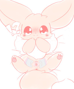 3_toes anus bedding black_nose blush brown_body brown_fur chest_tuft clitoris duo feet female female_focus fluffy fur genitals interrobang kemono looking_at_viewer pawpads pink_pawpads ribbons solo_focus spread_legs spread_vulva spreading toes tuft vulva nakimayo nintendo pokemon eevee eeveelution generation_1_pokemon generation_6_pokemon pokemon_(species) sylveon 5:6 hi_res