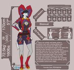 arm_markings armor back_markings big_breasts biography black_hair blue_eyes boots bottomwear breasts butt butt_markings chest_markings cleavage cleavage_cutout clothed clothing cutout facial_markings female fishnet_clothing fool's_hat footwear fur gauntlets gloves grey_body grey_fur hair hand_on_hip handwear hat head_markings headgear headwear jester lantern_sleeves long_hair looking_at_viewer markings purple_bottomwear purple_clothing purple_gauntlets purple_topwear red_bottomwear red_clothing red_gauntlet red_markings red_topwear shoes simple_background smile solo stats tail tan_background text text_box thick_thighs topwear white_clothing white_gloves white_handwear zaraunitymasters zara_(zaraunitymasters) canid canine canis mammal wolf absurd_res hi_res model_sheet