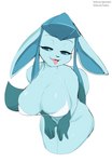 absurd_res anthro anthrofied big_breasts bikini blue_body bottomless breasts canid clothed clothing eeveelution female gatotorii generation_4_pokemon glaceon hi_res huge_breasts leaning leaning_forward mammal nintendo pokemon pokemon_(species) pokemorph simple_background solo swimwear text tongue tongue_out url white_background