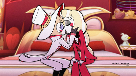 bed blonde_hair clothing duo eyes_closed female furniture hair hat headgear headwear inside kissing male male/female mister_nebulous third-party_edit hazbin_hotel hellaverse charlie_morningstar lucifer_(hazbin_hotel) angel demon fallen_angel humanoid hi_res daughter_(lore) father_(lore) father_and_child_(lore) father_and_daughter_(lore) incest_(lore) parent_(lore) parent_and_child_(lore) parent_and_daughter_(lore)