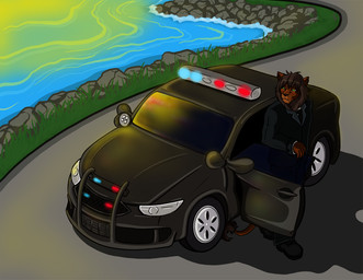 anthro boots car clothing footwear lake lights male motor_vehicle necktie outside police police_car police_vehicle shoes solo suit sunset vehicle water conditional_dnp feline_element ford autumus felid lion mammal pantherine