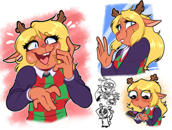 anthro blonde_hair blue_eyes blush bodily_fluids buckteeth clothing cross-popping_vein female freckles hair looking_at_viewer saliva smile solo sweat sweatdrop sweater teeth topwear witchtaunter deltarune undertale_(series) berdly noelle_holiday susie_(deltarune) avian bird bluebird deer mammal new_world_deer oscine passerine reindeer thrush_(bird) 2025 absurd_res hi_res