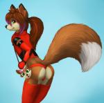 anthro braided_hair butt clothed clothing femboy fur green_eyes hair legwear looking_at_viewer looking_back male multicolored_hair rear_view simple_background smile solo stockings two_tone_hair jamesfoxbr sky_(sky) canid canine canis mammal wolf 2015 digital_media_(artwork) shaded