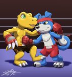 accessory black_bottomwear black_clothing black_shorts bottomwear boxing boxing_gloves clothing duo fighting_ring handwear headband male punch red_bottomwear red_clothing red_shorts shorts sport sagadreams bandai_namco digimon agumon digimon_(species) gaomon hi_res