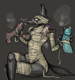 anthro balls black_body black_fur blue_penis bodily_fluids breasts clothing clothing_penetration cum cum_in_clothing disembodied_penis double_handjob exposed_breasts female fur genital_fluids genitals group handjob male male/female medium_breasts mummy_wrappings musk musk_cloud nipples penile penis precum purple_penis sex tail yellow_eyes hieronymusjohnson anubian_jackal canid canine canis jackal mammal