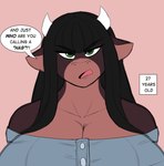 anthro big_breasts breasts cleavage clothed clothing dialogue female huge_breasts solo text jwinkz summer_(jwinkz) bovid bovine cattle mammal 2024 english_text hi_res