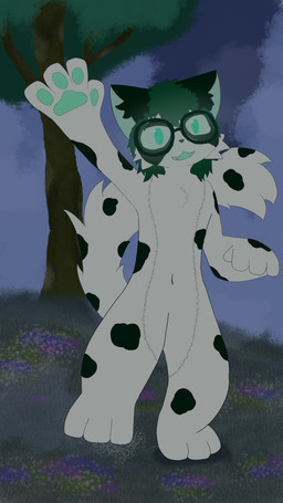 ambiguous_gender anthro eyewear fangs featureless_crotch fluffy fluffy_tail fog fur gesture glasses green_eyes green_hair green_pawpads hair kemono looking_at_viewer markings on_one_leg open_mouth outside pawpads plant smile solo spots spotted_body standing tail teeth tree waving waving_at_viewer white_body white_fur theyumeneko yume_(theyumeneko) domestic_cat felid feline felis mammal 2026 9:16 absurd_res digital_drawing_(artwork) digital_media_(artwork) hi_res