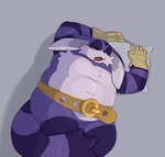 anthro belly belt blush bodily_fluids clothing drooling eyes_closed fur gloves handwear lying male navel on_back overweight overweight_male pillow purple_body purple_fur saliva sleeping solo text newtmoss sega sonic_the_hedgehog_(series) big_the_cat domestic_cat felid feline felis mammal english_text