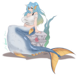 after_vore belly big_breasts blue_hair breast_imprints breasts clothing duo female hair hand_imprint imprint looking_at_viewer shirt sitting split_form topwear vore white_clothing white_shirt white_topwear 4kkc aquatic humanoid merfolk 2022 absurd_res hi_res